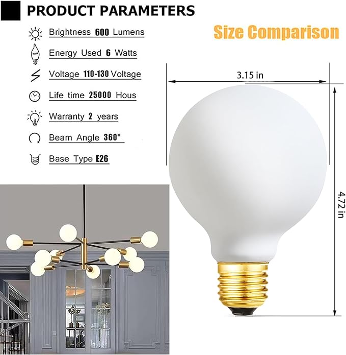 Leools Dimmable g25 led Frosted Bulb e26 led Globe Bulb 60w led Edison Bulb 4000K Daylight White 600lm ac120v 6w g80 Flick-Free Matt White led Globe Bulb for Vanity Light Bulbs 4Pack