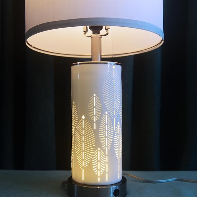 Ceramic Beautifully Engraved Decorative 25" Table Lamps Set of 2 with Nightlight,E26 Socket&Rotary Switch,USB A+C Ports,Modern Bedside Lamps for Nightstand,Bedroom(Bulbs Included)
