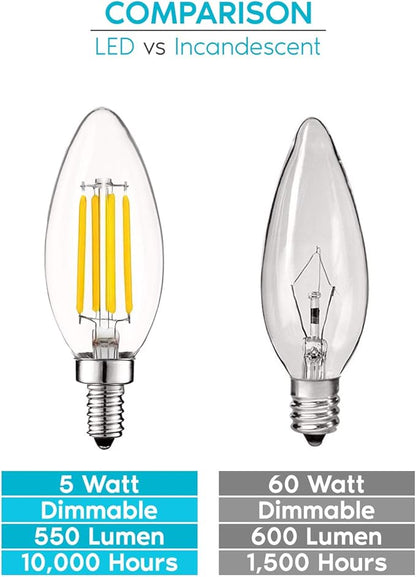 LUXRITE Vintage Candelabra LED Bulb, 60W Equivalent, 550 Lumens, 3500K Natural White, Dimmable, Clear Glass, Filament LED Candle Bulbs, UL Listed, E12 Base (24 Pack)
