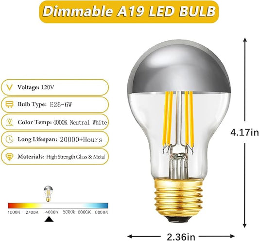 Half Chrome Light Bulb 6W (60 Watt Equivalent), Dimmable A19 Decorative LED Edison Bulb, 4000K Neutral White, E26 Silver Tipped Light Bulb,A60,AC120V, Pack of 4