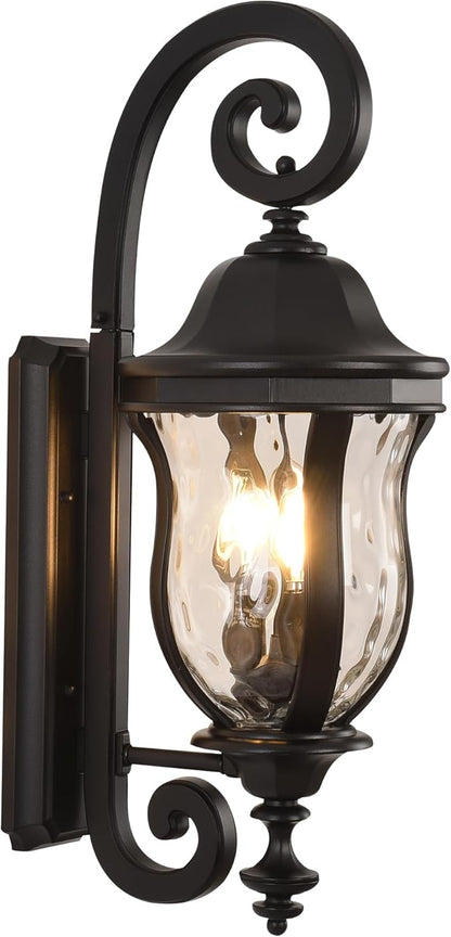 Black Exterior Wall Sconces, 28" H Large Outdoor Wall Light Fixtures with Water Glass, Waterproof Outdoor Lights Wall Mount with Decorative Patterns for Porch, Front Door