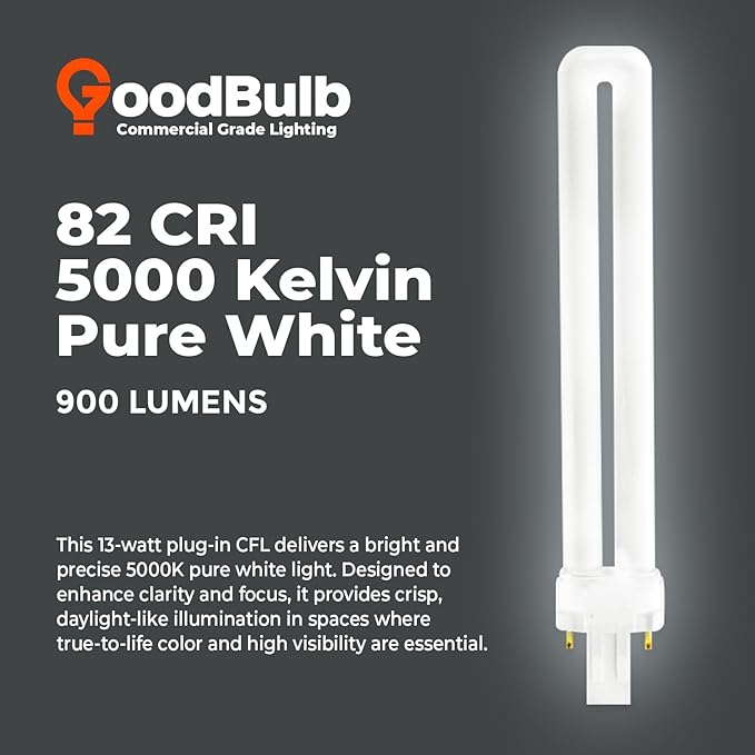 GoodBulb 13 Watt CFL Light Bulbs 2 Pin GX23 Base 5000K Daylight 13W High Output 800 Lumens Single Tube Compact Fluorescent Light Bulbs Plug-in 10 Pack