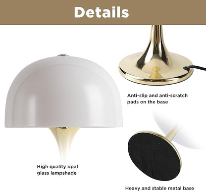 Modern Sleek Table Lamp for Bedroom, 3-Light LED End Table Lamp for Living Room, Office, Milky White Acrylic Shade Metal Mushroom Desk Lamp for Bedside Night Light, Gold Base