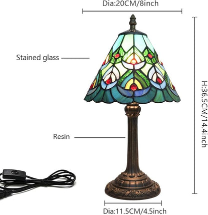 Green Peacock Decor Small Tiffany Style Table Lamp Antique Stained Glass Lamps Vintage Bedroom Bedside Reading Light Living Room Hotel Bar Kitchen Home Red Glass Bead Cute Accent Night Light 8 Inch