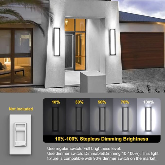 Sytmhoe Outdoor Wall Sconce Lights,2Packs 10%-100% Dimmable LED Modern Porch & Patio Wall Light Fixture, 23.6in Black Exterior Sconce Wall Mounted Lights Suitable for Garage Courtyard House(6000K)