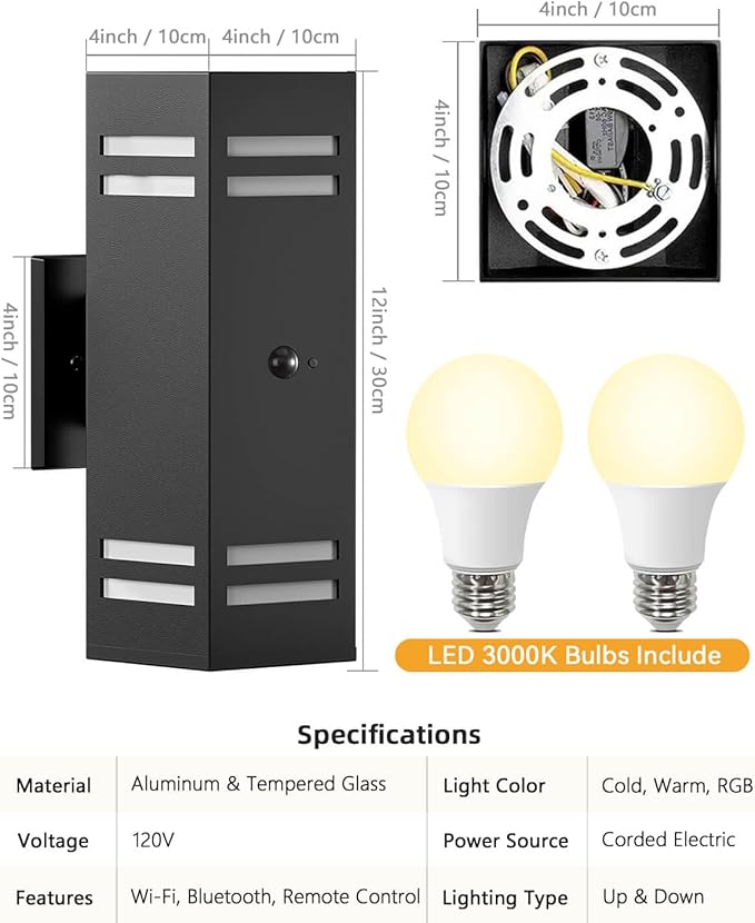 KIZON Motion Sensor Outdoor Lights 2 Pack, Dusk to Dawn Outdoor Wall Lights Black Exterior Lighting Fixtures with E26 Base, Modern Sconce Motion Detector Lights for House Porch