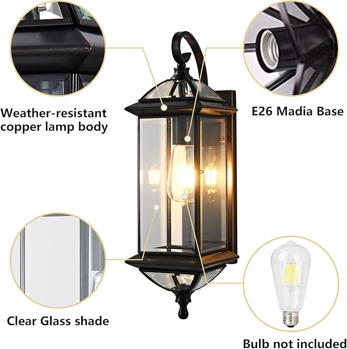 Milaii Copper Outdoor Wall Lights 20" H Exterior Light Fixture Oil Rubbed Bronze Anti-Rust Wall Lantern Fixture Waterproof Wall Mount Porch Light for Garage Patio Doorway E26 Base Socket