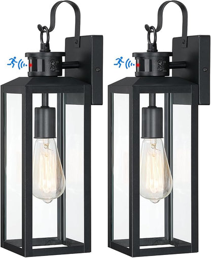 17'' Motion Sensor Outdoor Lights Wall Mount, Dusk to Dawn Exterior Light Fixture, Waterproof Anti-Rust Porch Light Outside Wall Lights for House, Black Wall Sconce Lanterns with Clear Glass, 2 Pack