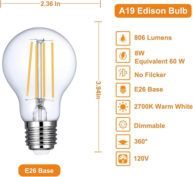 Vinaco A19 Dimmable LED Bulb 2700K Warm White, 6 PCS A19 Edison Bulb, 8W Equal 60W Clear Light Bulbs, Long Lasting 806LM Edison Bulbs E26 LED CRI85+ for Living Room, Chandelier