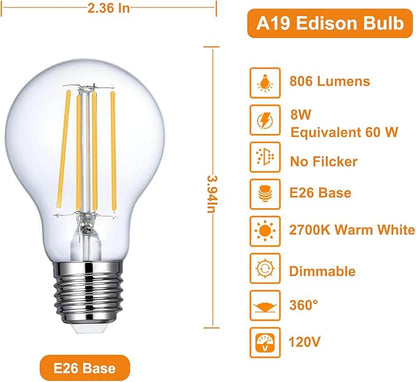 Vinaco A19 Dimmable LED Bulb 2700K Warm White, 6 PCS A19 Edison Bulb, 8W Equal 60W Clear Light Bulbs, Long Lasting 806LM Edison Bulbs E26 LED CRI85+ for Living Room, Chandelier