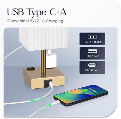 Soilsiu Bedside Lamp with USB Ports - Touch Control Table Lamp for Bedroom with USB C+A Ports & AC Outlets, 3 Way Dimmable Nightstand Light with Pleated Shade for Living Room(Bulb Included)