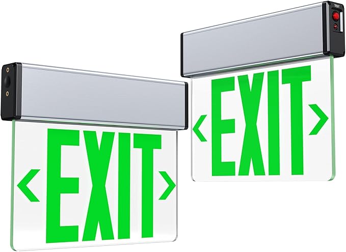 Green LED Edge Lit Exit Sign Brushed Aluminum Housing, UL Listed Emergency Exit Signs Single Sided Clear Acrylic with Battery Backup, AC 120-347V Hardwired Exit Lights, Top/Side/Wall Mount (2 Pack)