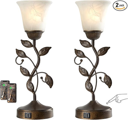 RORIANO Set of 2 Touch Farmhouse Bedroom Table Lamps, Nightstand Vintage Flower Lamps with 2 USB Ports, 3 Way Dimmable Leaf Lamp for Living Room with White Glass Shades, Bulbs Included