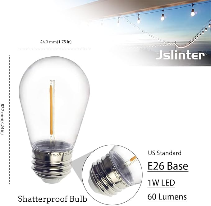 Jslinter S14 1W Outdoor String Lights Bulbs LED, Shatterproof & Waterproof, 2200K Warm White, 11W Equivalent, E26 Base, Edison Vintage Style Replacement for Patio Garden, 16-Pack