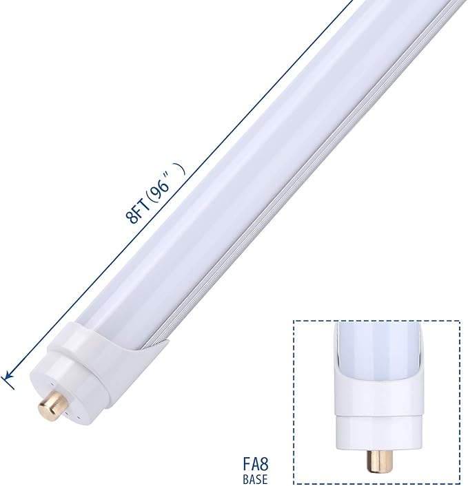 8ft T8 LED Tube Light 5000K for Garage Daylight White 45W (Replace 100 Watt Fluorescent Tubes) Double-Ended Power, Frosted Cover, Single Pin FA8 Base Pack of 4