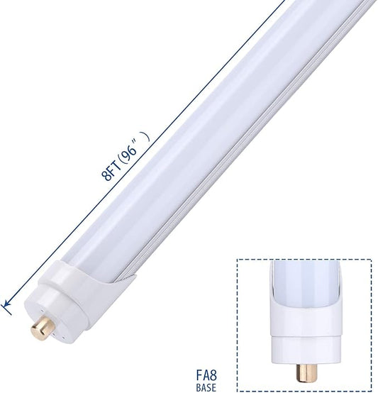 8ft 5000K T8 LED Tube Light for Garage Daylight White 45W Replacement 100 Watt Fluorescent Tube Lamp, Double-Ended Power, Frosted Cover, Single Pin FA8 Base Pack of 25