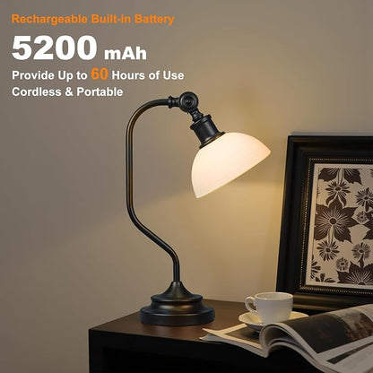 Cordless Vintage Bankers Table lamp, 5200-mAh Rechargeable Battery, 3-Level Brightness, Build-in Integrated LED 320 Lumen Max, Half-Globe Glass Shade, for Bedside Desk Nightstand Light