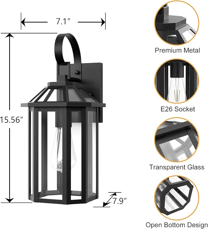 Outdoor Wall Lights, 15.56 Inch Large Waterproof Outside Wall Lantern Sconce, Clear Glass Exterior Lamp for House, Porch, Garage, 1-Light, (E26 Bulb Base, Black)