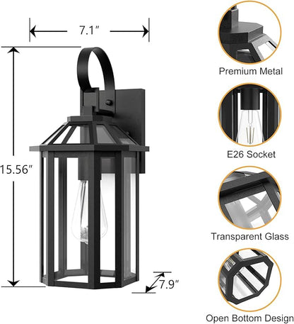 Outdoor Wall Lights, 15.56 Inch Large Waterproof Outside Wall Lantern Sconce, Clear Glass Exterior Lamp for House, Porch, Garage, 1-Light, (E26 Bulb Base, Black)
