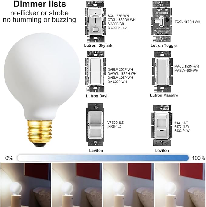 Leools LED Light Bulb G25/G80 Dimmable Flick-Free Matt White 6W Cool White 5000k CRI95 600LM, 60W Equivalent Vintage LED Edison Globe Light Bulb,E26 Standard Base, 4 Pack