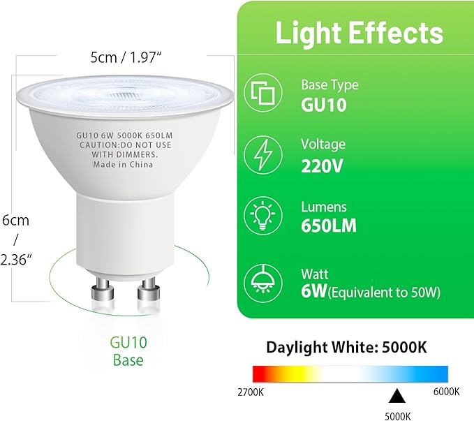 GU10 Led Bulb 6W Equivalent 50W, MR16 Led Bulb 5000K Daylight White Led Bulbs, 650 Lumens, Non-Dimmable, GU10 Base, 2 Prong Track Energy Saving Light Bulbs for Kitchen, Living Room, Bedroom, 10 Pack