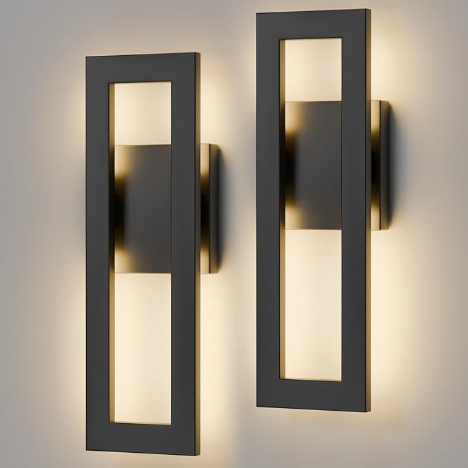 LamQee 14" Modern Outdoor Wall Lights, 3000K 1000LM Integrated LED Exterior Lighting Fixtures with Rectangle Frame, Matte Black Linear Outside Sconce Wall Mount for House Front Porch Patio Garage Door