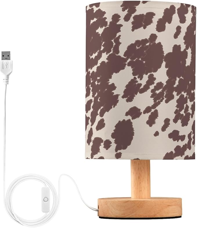 Bedside Lamp Cow Horse Print Brown Spots Table Lamp for Bedroom LED Nightstand Lamp Shade USB Ports Wood Base for Living Room Dorm Office