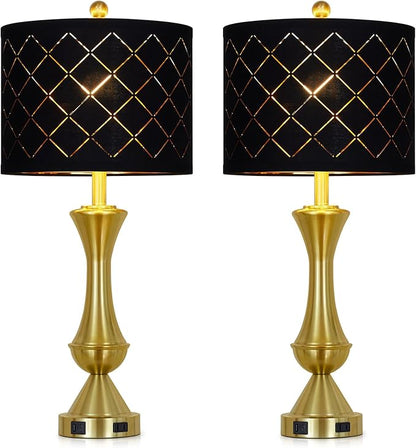 29" Gold Modern Table Lamps Set of 2, 3-Way Dimmable Touch Lamps for Nightstand with USB A+C & Outlets,Brass Lamps for Living Room, Bedroom, Nightstand, Entryway(2 Bulbs Included)