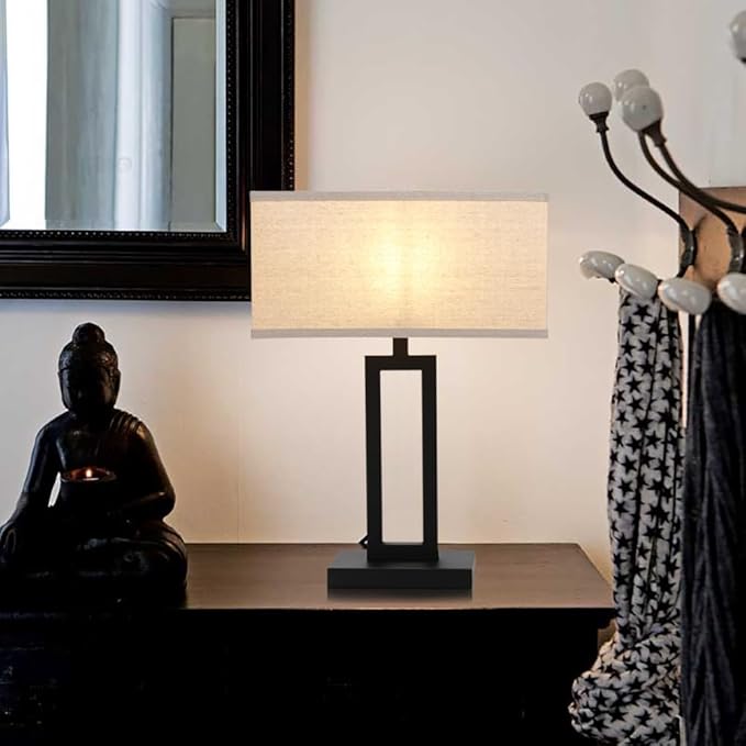 Yosoan Linen Fabric Beige Indoor Table Lamp Bedside Nightstand Desk Lamp, Dimmable On Off Switch Black 65.8" Power Cord Cutout Rectangular Shade for Bedroom Hotel Study(Linen)