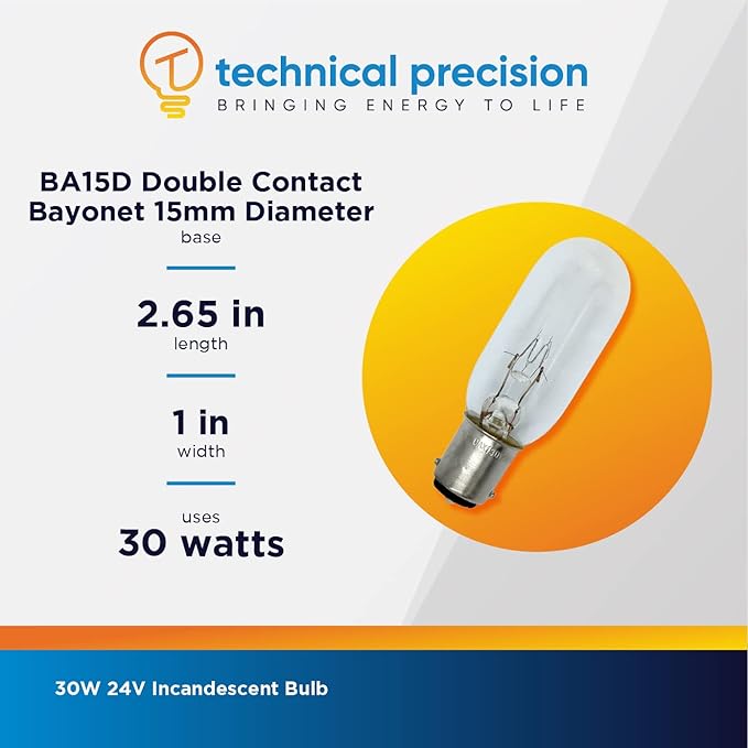 Technical Precision 30W 24V Incandescent Bulb Replacement for Perko 0374002clr Miniature T8 Bulb - BA15D Double Contact Bayonet Base - Marine Navigation Bulb - Clear - 1 Pack