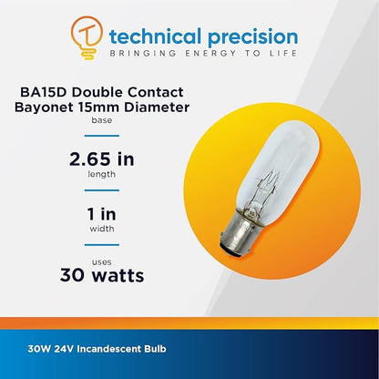 Technical Precision 30W 24V Incandescent Bulb Replacement for Perko 0374002clr Miniature T8 Bulb - BA15D Double Contact Bayonet Base - Marine Navigation Bulb - Clear - 1 Pack