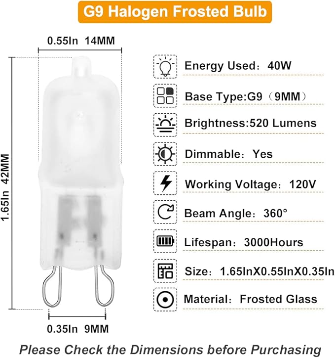 Vinaco G9 Bulb, 10 Pack G9 Frosted 40W Halogen Light Bulbs, High Brightness JCD G9 120V 40W, G9 Dimmable Warm White 2800K, Long Lasting G9 Halogen Bulb 40 Watt for Chandeliers, Pendants Lights