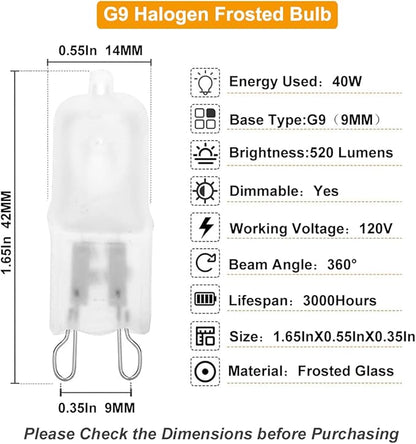 Vinaco G9 Bulb, 10 Pack G9 Frosted 40W Halogen Light Bulbs, High Brightness JCD G9 120V 40W, G9 Dimmable Warm White 2800K, Long Lasting G9 Halogen Bulb 40 Watt for Chandeliers, Pendants Lights
