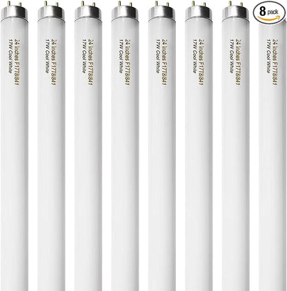 8 Pack 24 inch F17T8/841 17 Watts Light Bulb, 2 Foot Straight Fluorescent Tube T8 Tube Light, 4100K Cool White 1400 Lumen G13 Medium Bi-Pin Cap 8 Count