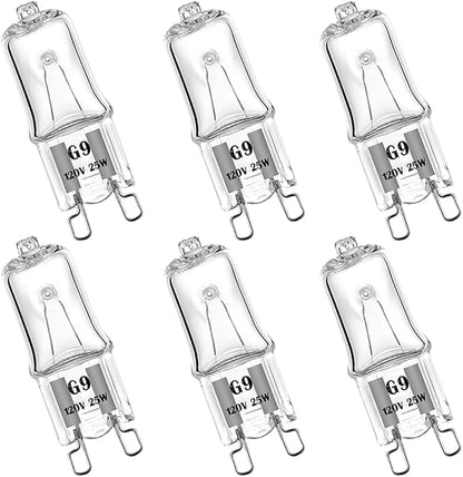 G9 Halogen Bulb 120V 25W T4 Type 2 Pin Base, Replacement for Range Hood Lights, Bathroom Light Bulbs, Microwave Ovens Candle Warmer Light Bulbs, Wax melt Bulbs Dimmable Warm White (6 Pack)