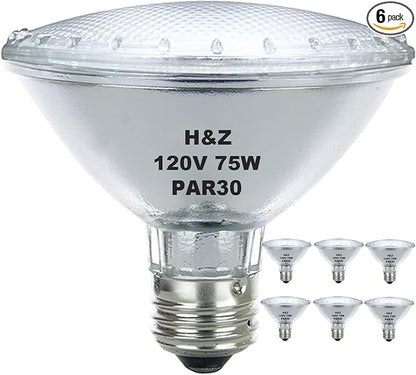 H&Z Par30 Short Neck, 6 Pack High Output Par30s Halogen 75W 120V, Par30 Dimmable Warm White 3000K, 75W Par30 Flood Light with E26 Medium Base for Recessed Trim Lighting, Track Light