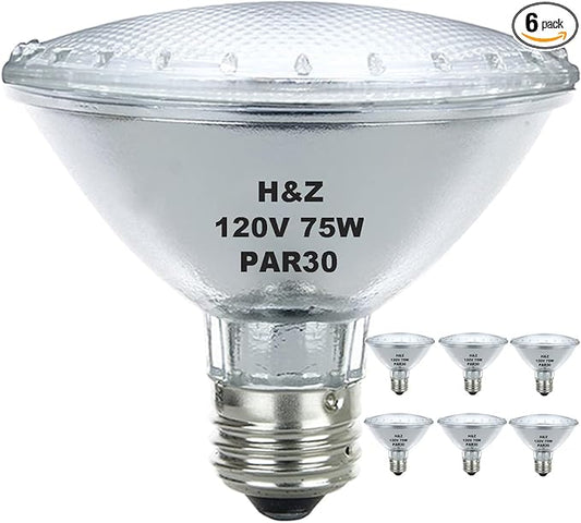 H&Z Par30 Short Neck, 6 Pack High Output Par30s Halogen 75W 120V, Par30 Dimmable Warm White 3000K, 75W Par30 Flood Light with E26 Medium Base for Recessed Trim Lighting, Track Light