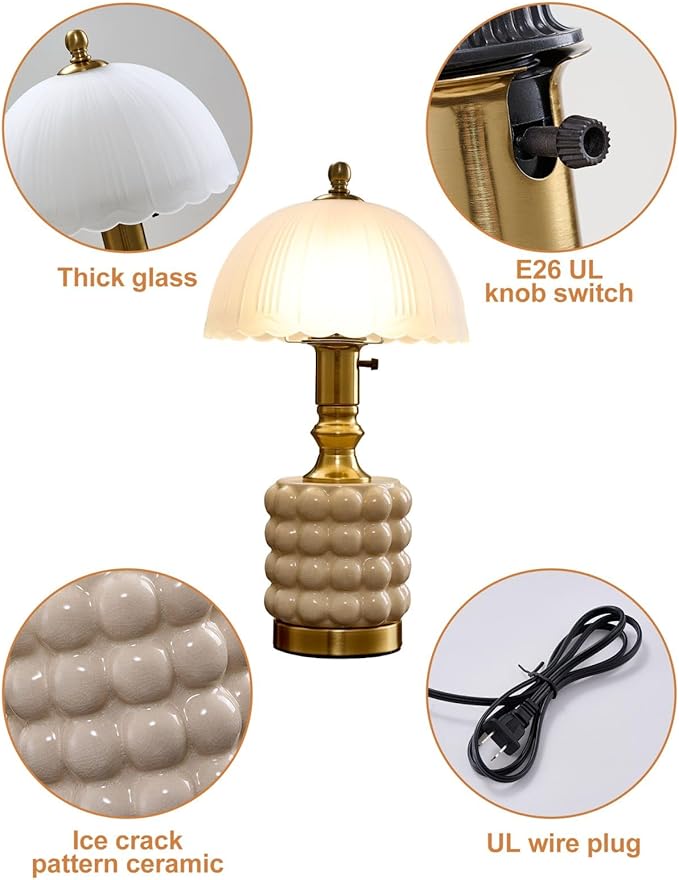 Vintage Lamp for Bedroom,Unique Lamps Cracked Ceramic lamp,UL Rotary Switch Control Glass lamp Shade,Small Table lamp for Living Room Decor Kitchen Lighting (White+Glass)