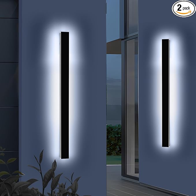 Mikeru 3CCT Dimmable Outdoor Wall Sconce 57" IP65 Waterproof - 2Pack Modern Black Exterior Light with Remote Control, Adjustable 3000K/4500K/6000K for Porch, Patio & Commercial Spaces | Hardwired