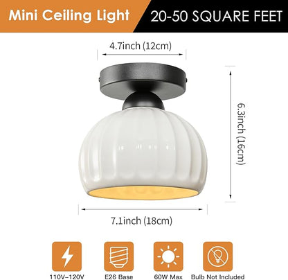 Black Semi Flush Mount Ceiling Light - 2 Pack, Glaze Ceramic Vintage Hallway Light Fixtures, Milk White Globe Ceiling Lights, Mid Century Small Light Fixture for Cottage Entryway Laundry Room Foyer