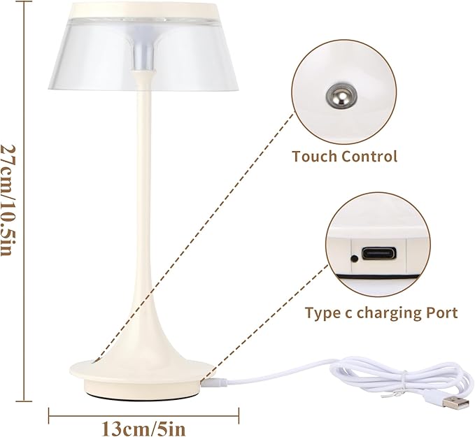 JHY DESIGN 3-Color Light Dimmable Bedside Table Lamp 10.5" H Nightstand Lamp Touch Control Lamp for Bedroom Living Room Indoors Outdoors(Single,Type-C Charging)