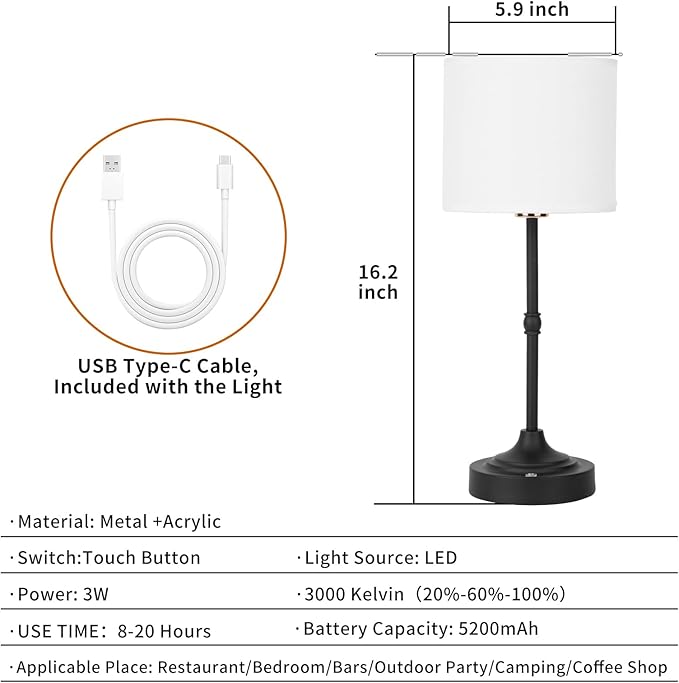 Cordless LED Table Lamp,Portables Fabric Shade Desk Lamps, Rechargeable Battery Powered Lighting, Dimmable Light for Dining Room, Bedroom, Bedside, Night Light, Balcony (Black)