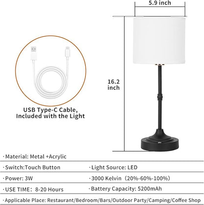 Cordless LED Table Lamp,Portables Fabric Shade Desk Lamps, Rechargeable Battery Powered Lighting, Dimmable Light for Dining Room, Bedroom, Bedside, Night Light, Balcony (Black)