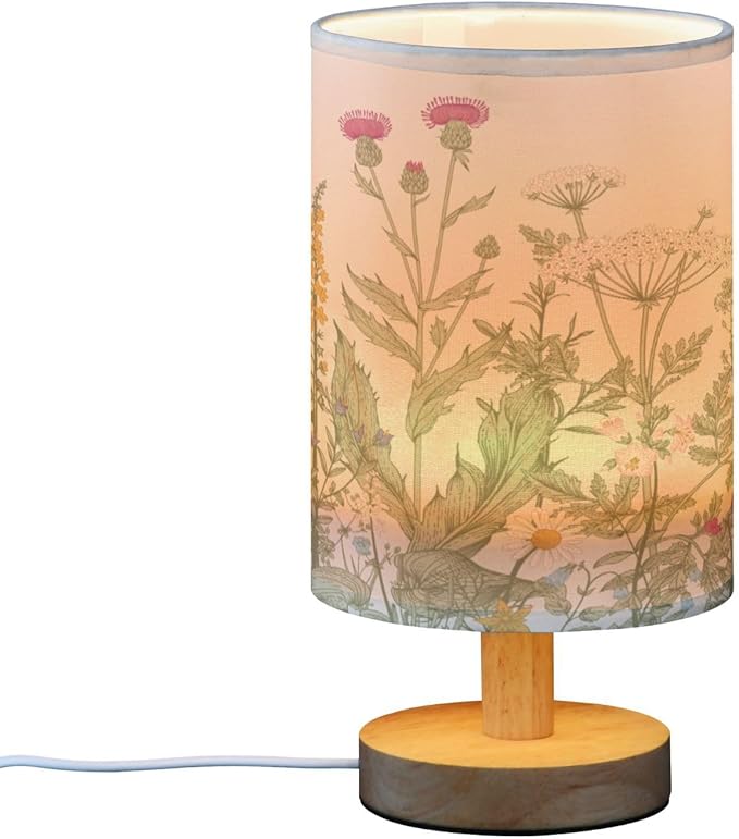 Bedside Lamp Flowers Herbs Wildflowers Botanical Table Lamp for Bedroom LED Nightstand Lamp Shade USB Ports Wood Base for Living Room Dorm Office