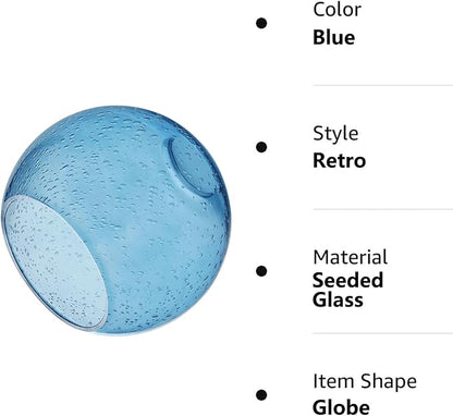 3 Pack Fixture Replacement Globe Shade, 6 Inch Diameter, E26 Base 1-5/8 Inch Fitter, Glass Globe Lampshade Cover for Pendant Wall Sconce Chandelier Vanity Light (3 Pack 6 Inch Blue Seeded Glass)