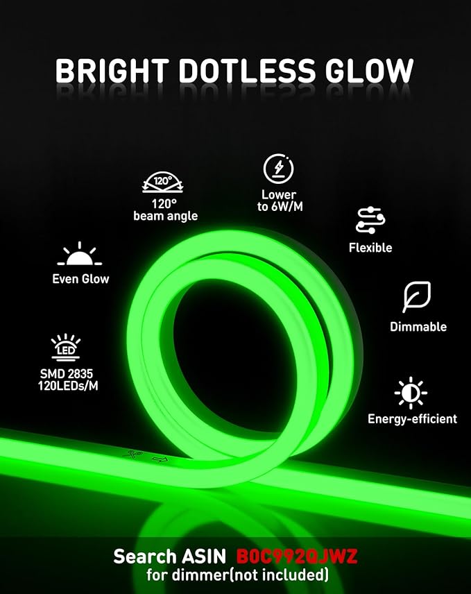 Shine Decor LED Rope Lights AC 120V, Connectable & Cuttable Dotless 120LEDs/M Eco Neon Strip Lighting, ETL IP65 Waterproof & Weather-Resistant for Home Commercial, 8x16mm, Green, 65.6FT