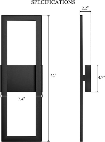 LamQee 22" Modern Outdoor Wall Lights, 3000K 1450LM Integrated LED Large Exterior Lighting Fixtures with Rectangle Frame, Matte Black Linear Outside Sconce Wall Mount for House Porch Patio Garage Door