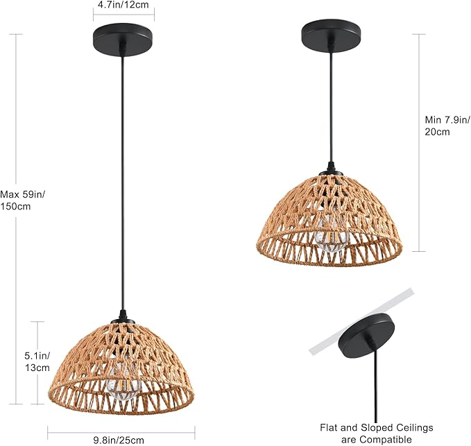 3 Pack Woven Pendant Light Fixtures,10.2" Brown Rattan Pendant Lights Farmhouse Basket Light Fixture Adjustable Boho Hanging Lamp for Kitchen Island Bedroom Dining Room Foyer Hallway