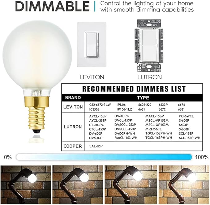 Frosted e12 led Light Bulbs g16.5 Candelabra Bulbs 60w led Edison Bulb 4000K 600lm ac120v CRI95 g50 Globe dimmable Light Bulbs for Chandelier,Vanity,Ceiling Fan, 6Pack