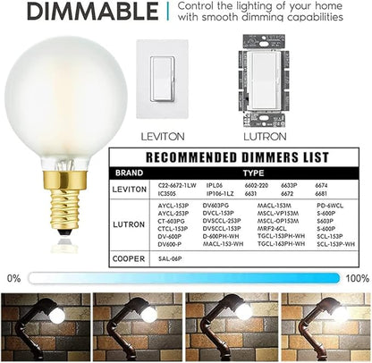 Frosted e12 led Light Bulbs g16.5 Candelabra Bulbs 60w led Edison Bulb 4000K 600lm ac120v CRI95 g50 Globe dimmable Light Bulbs for Chandelier,Vanity,Ceiling Fan, 6Pack